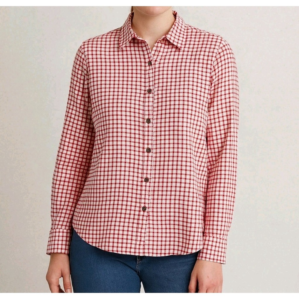 Lands End Gingham Womens Sz 10 Button Down Cotton Collared Long Sleeve Red White